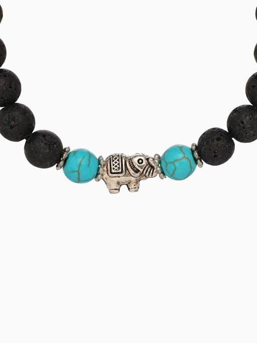 Браслет «Слоник», длина 18 см, камень пирит, лава, чёрный, бирюзовый