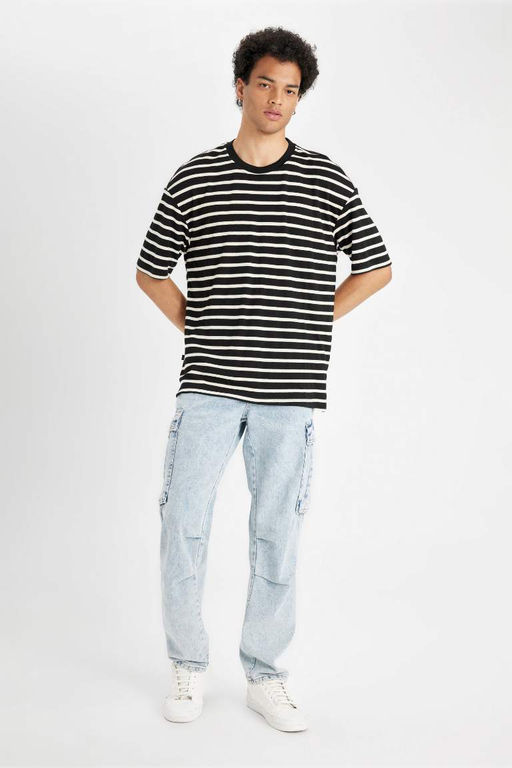 Полосатая футболка из плотной ткани с короткими рукавами и круглым вырезом Comfort Fit - Defacto фото 2