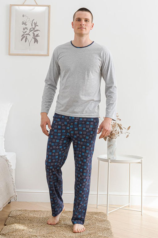 Пижама мужская из футболки с длинным рукавом и брюк из кулирки Генри синий - Амадэль фото 2