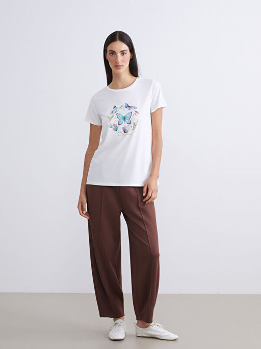 Bisiklet Yaka Bask?l? Kad?n Ti??rt