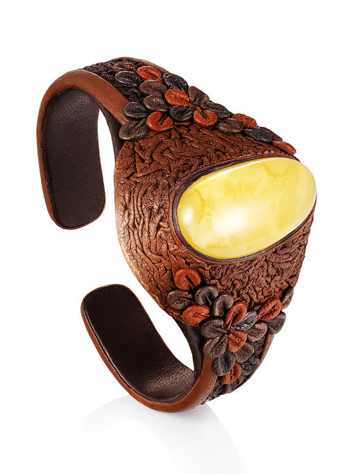 Браслет из кожи с натуральным янтарём Нефертити