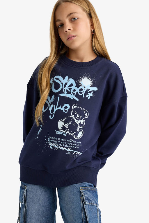 Oversize Geni_ Kal_p Bisiklet Yaka Bask_l_ Sweatshirt K_z _ocuk - Defacto фото 4