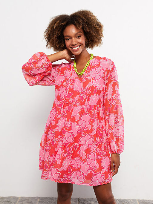 Ba?lamal? Yaka Desenli Uzun Kollu Elbise