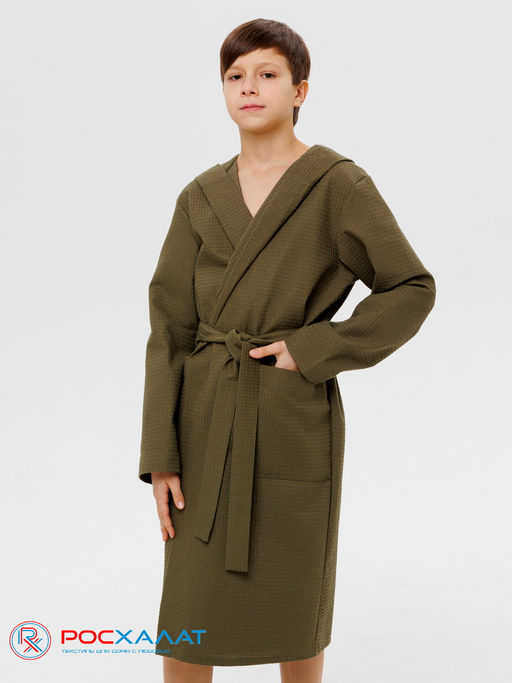 Подростковый вафельный халат с капюшоном хаки В-18 (26)