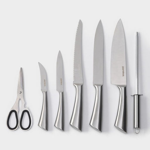 Набор кухонных принадлежностей на подставке Ardone, 7 предметов: 5 ножей, мусат и ножницы, цвет хромированный - Simaland фото 17