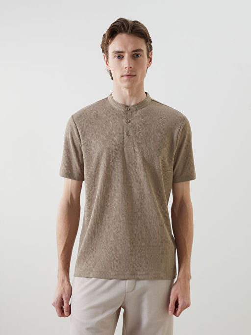 Hakim Yaka Desenli D??meli Erkek Dokulu Ti??rt