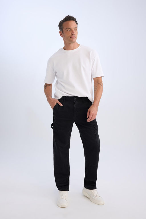 %100 Pamuk Relax Fit Rahat Kal_p Normal Bel Geni_ Pa_a Kargo Cepli Siyah Jean Pantolon - Defacto фото 6