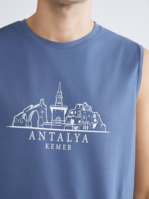 Bisiklet Yaka Bask?l? Erkek Kolsuz Ti??rt