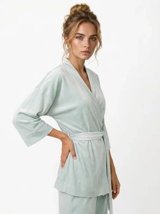 Пижама Кимоно+брюки из велюра OD-836-2 серо-зеленый