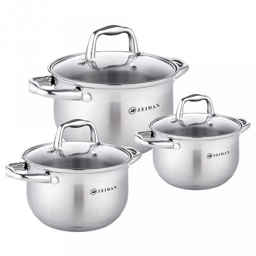 "Zeidan" Набор кастрюль из нержавеющей стали 3 штуки: 2,1л д16см; 3,0л д18см; 4,0л д20см, комбинированная полировка снаружи, глянцевая полировка внутри, стеклянная крышка, 5-и степовое капсулированное индукционное дно, мерная шкала, подарочная коробк