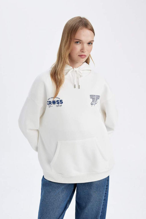 Женская белая толстая толстая толстовка оверсайз с широким кроем и капюшоном на спине - Defacto фото 5
