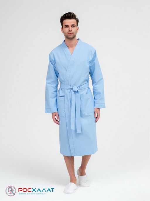 Мужской вафельный халат с планкой голубой В-03 (2)