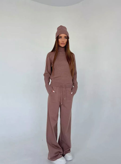 K13194 Костюм тройка: джемпер, брюки, шапка КОРИЧНЕВЫЙ