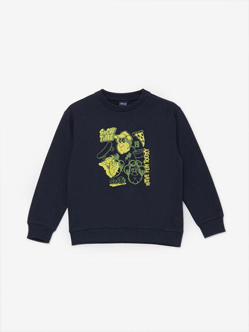 Bisiklet Yaka Bask?l? Uzun Kollu Erkek ?ocuk Sweatshirt