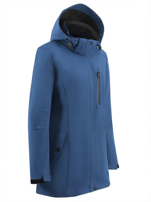 Парка женская софтшелл виндстоппер удлинённая с капюшоном синего цвета 9618_1S
