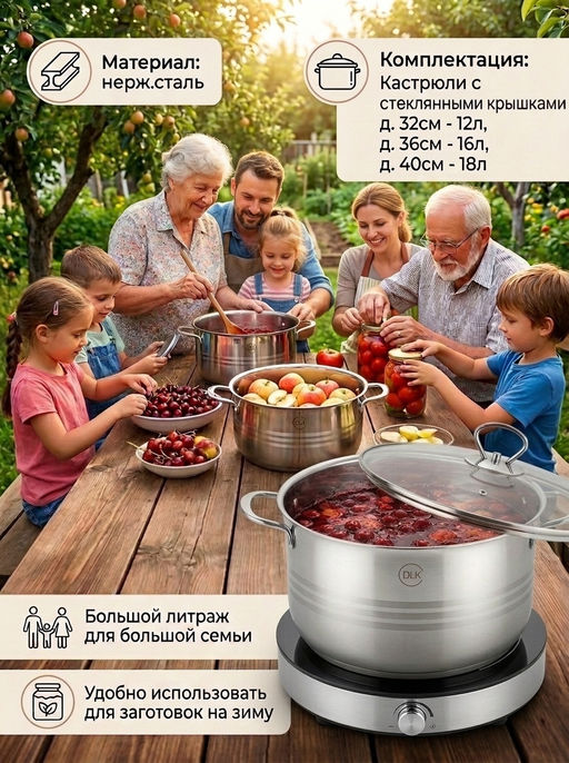 Набор посуды из нержавеющей стали из 6 (3/3) предметов, крышки стеклянные, арт.1520
