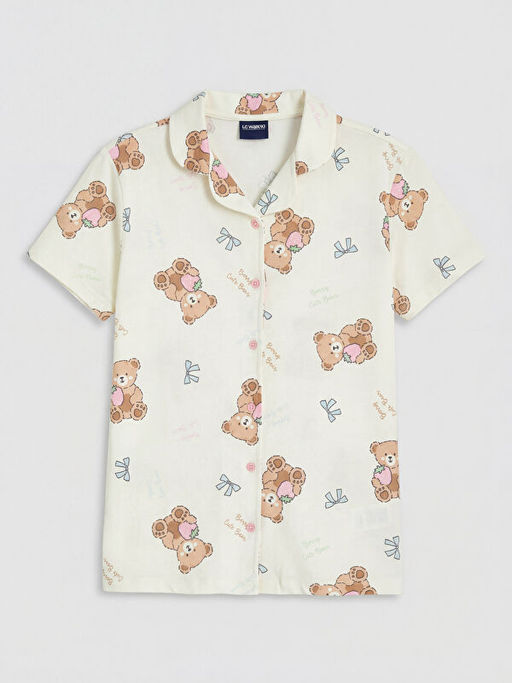 G?mlek Yaka Bask?l? K?z ?ocuk ?ortlu Pijama Tak?m