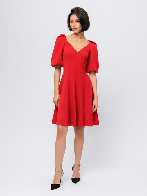 Платье красного цвета длины мини с объемными рукавами - 1001dress фото 2
