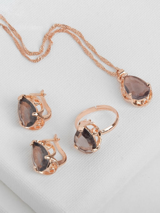 Гарнитур 3 предмета: серьги, кулон, кольцо безразмерное Эдель капля, цвет серый в золоте, 45 см