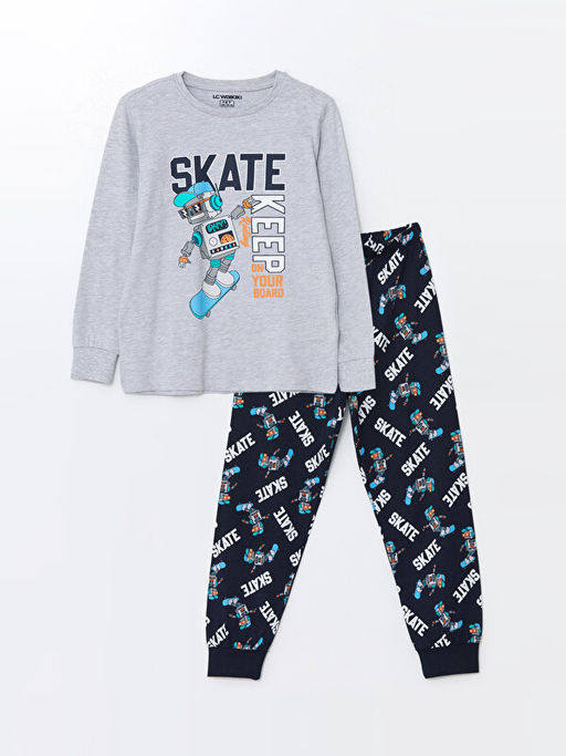 Bisiklet Yaka Bask?l? Uzun Kollu Erkek ?ocuk Pijama Tak?m?