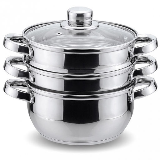Пароварка из нержавеющей стали 2,5л, д18см, h21см, 3 уровня (2 кастрюли-дуршлаг), стеклянная крышка с паровыпуском, 3х-слойное капсульное дно, зеркальная полировка, удобные клепаные ручки не нагреваются (Китай) Подходит для всех видов плит, включая и