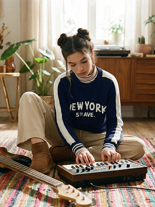 Bisiklet Yaka New York Desenli K?z ?ocuk Triko Kazak