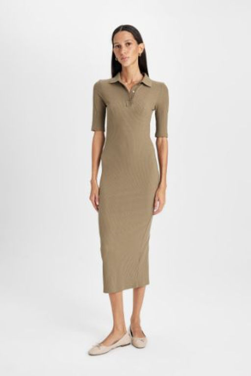 Bodycon Vucuda Oturan Dugmeli Polo Yaka Fitilli Kaskorse Yar?m Kollu Midi Elbise