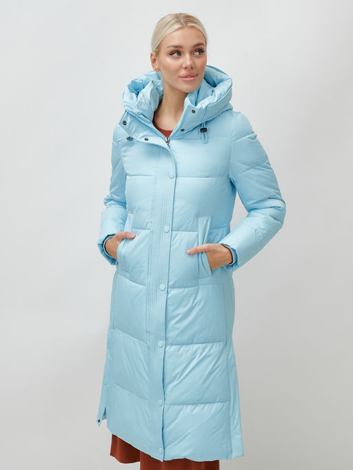 Пальто утепленное стеганное зимнее с капюшоном женское голубого цвета 9601Gl