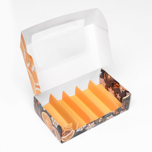 Коробка под 5 эклеров с вкладышами новогодняя «Мандарины», 25×15×6.5 см, кондитерская упаковка