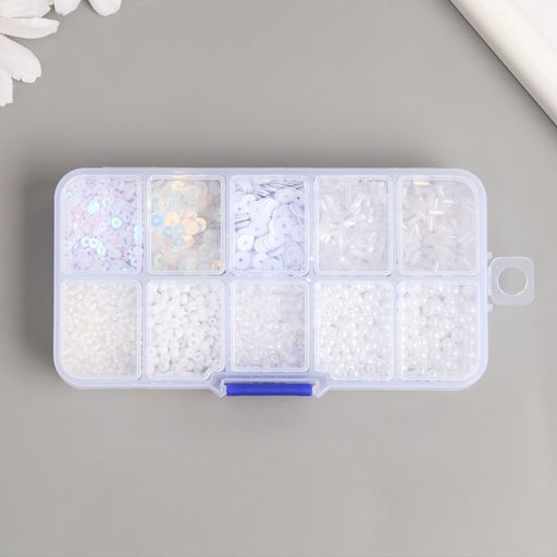 Бисер стекло 8/0, 12/0 в шкатулке «Белый», бусины, стеклярус и пайетки, 13×6.5×2.3 см