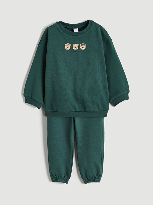 Bask?l? Erkek Bebek Sweatshirt ve Pantolon