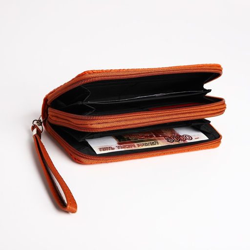 Кошелёк женский на молниях с ремешком, 19×4×9.5 см, текстурный, оранжевый