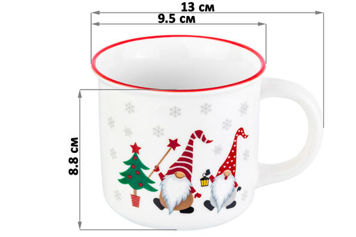 Кружка 400 мл 13*9,5*8,8 см "Гномики с елкой" с красной каймой NEW BONE CHINA