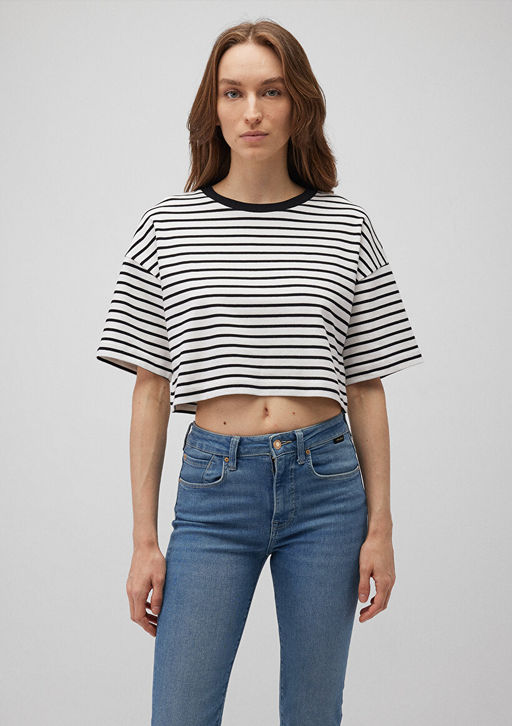 Siyah Cizgili Crop Tisort - Mavi фото 3