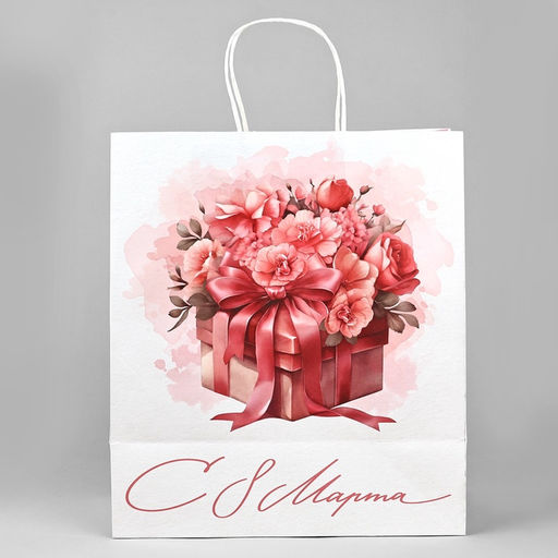 Пакет подарочный крафт С 8 марта, цветы, 32?28?15 см