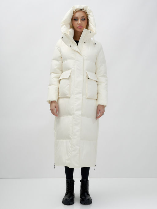 Пальто утепленное стеганное зимнее с капюшоном женское бежевого цвета 9602B - Mtforce фото 7