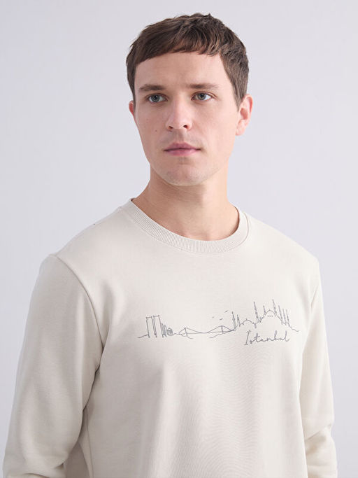 Bisiklet Yaka Bask?l? Erkek Kal?n Sweatshirt