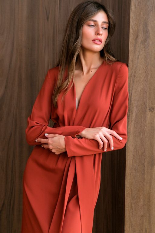 Платье повседневное миди с длинным рукавом терракотовое