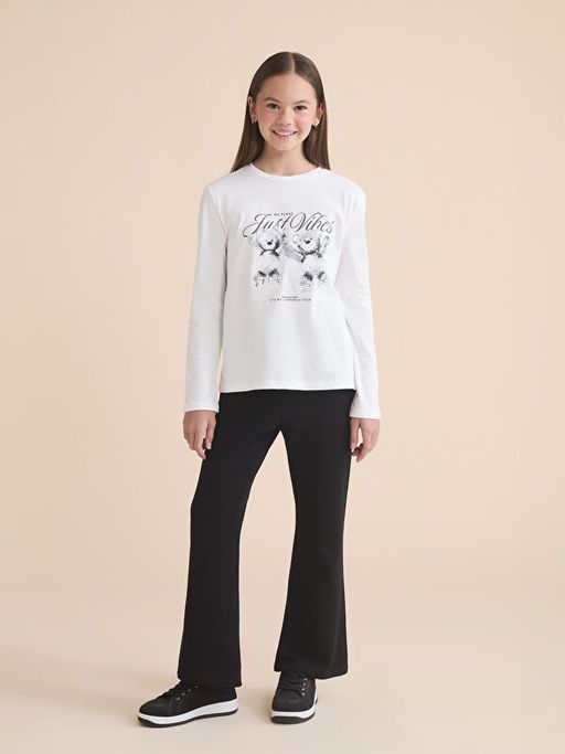 Bisiklet Yaka Uzun Kollu Bask?l? K?z ?ocuk Ti??rt