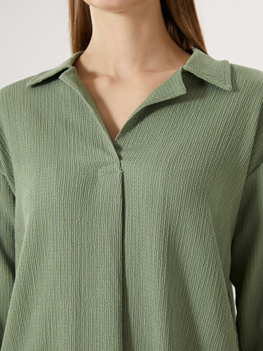 G?mlek Yaka Dokulu Oversize Kad?n Bluz