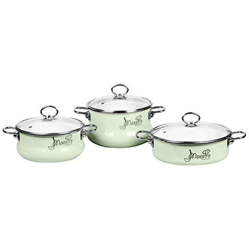 "Maestro" Набор эмалированной посуды 3 предмета: кастрюля 3л - д21см, h9см, 4л - д21см, h12см, сотейник 3л - д25см, h8см, форма тор, салатовый (Россия)