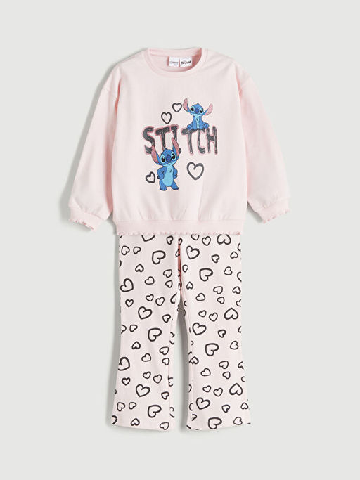 Stitch Bask?l? K?z ?ocuk Sweatshirt ve Tayt Pantolon 2li