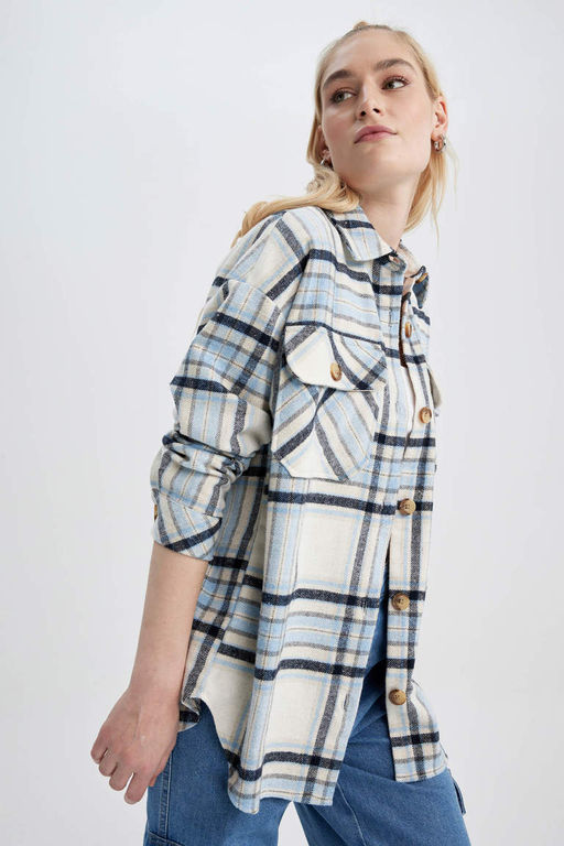 Фланелевая туника с длинными рукавами и воротником-рубашкой оверсайз - Defacto фото 4