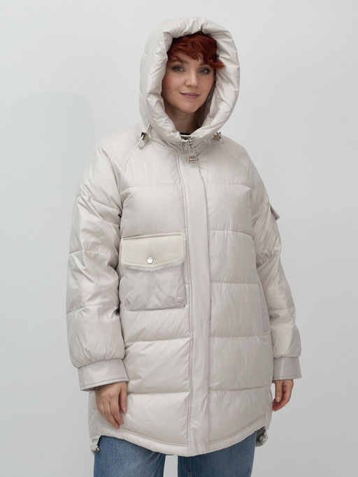 Куртка зимняя женская с капюшоном модная бежевого цвета 7341B