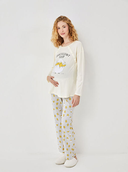 Bisiklet Yaka Bask?l? Hamile Pijama Tak?m?