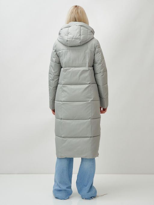 Пальто утепленное стеганное зимнее с капюшоном женское зеленого цвета 9608Z