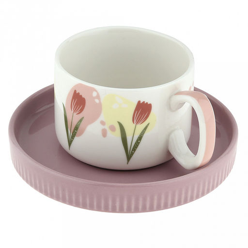 Чашка фарфоровая "Тюльпаны" 200мл, д8см h5,9см, с блюдцем д13,5см h2см, глянцевая глазурь, с деколью, цвет - пудровый, в коробке (Китай)
