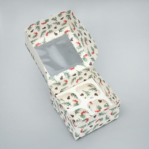 Цена за 5 шт. Коробка для капкейков двусторонняя «Новый год: Снегири», 16×16×10 см