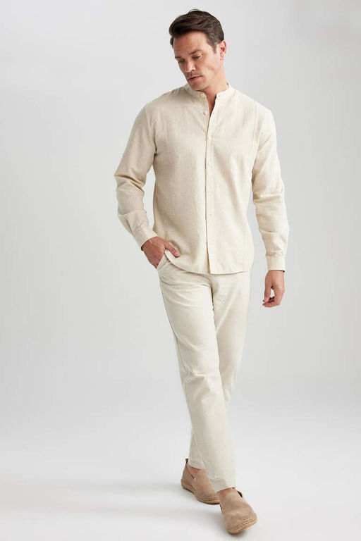 Рубашка из смесового льна с длинным рукавом и воротником Modern Fit - Defacto фото 5