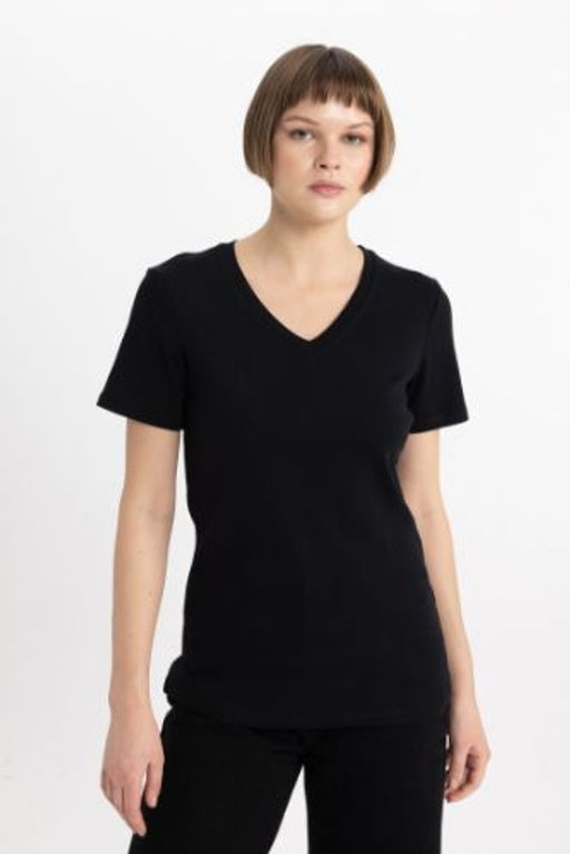 Slim Fit Dar Kesim V Yaka Ribana Basic Duz %100 Pamuk K?sa Kollu Tisort
